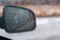 Water drops on the mirror, rain drops on the side mirror of the car