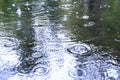 Rain drops on the surface of a street road on a rainy day.