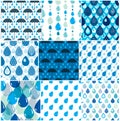 Rain drops and umbrellas seamless patterns set, weather nature m Royalty Free Stock Photo