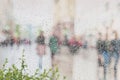 Rain drops on wet window and street plants behind, blurred girls and boys, city light bokeh. Concept of rainy weather, seasons, Royalty Free Stock Photo