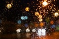 Rain drops on the window. Bokeh night city.