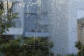 Rain drops on window with gray and green blurs