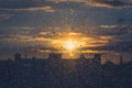 Rain drops on window - sunset sky background