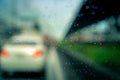 Rain drops on windshield. Car driving on asphalt road on rainy day. Windshield window of car with raindrops on glass windscreen. Royalty Free Stock Photo