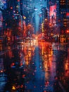 Rain falling on a city street at night