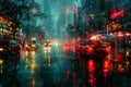 Rain falling on a city street at night