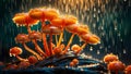 rain falling on orange Marasmius siccus mushrooms, also known as umbrella mushrooms Royalty Free Stock Photo
