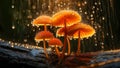 rain falling on orange Marasmius siccus mushrooms, also known as umbrella mushrooms Royalty Free Stock Photo