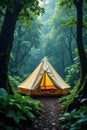 Rain falling softly on a canvas tent nestled deep within a lush, quiet rainforest , stillness, dusk Royalty Free Stock Photo