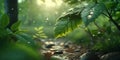 Rain falls in the forest. Shot from below on trees and leaves. Raindrops run down the plants. Horizontal illustration. Royalty Free Stock Photo