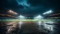 rain in Football stadium at night generative AI Royalty Free Stock Photo