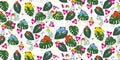 Rain forest tropical jungle seamless pattern with colorful poison dart frogs and foliage