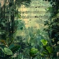 Rain Forest Music Collage, Jungles Melody, Classic Musical Surreal Poster, Trees, Plants Music Concept Royalty Free Stock Photo