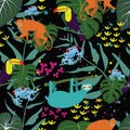Rain forest tropical jungle pattern with colorful poison dart frogs, toucan, monkey, sloth and foliage Royalty Free Stock Photo