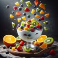 rain of fruits on a bowl of Greek yogurt Royalty Free Stock Photo