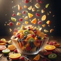 rain of fruits on a bowl of Greek yogurt Royalty Free Stock Photo