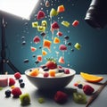 rain of fruits on a bowl of Greek yogurt Royalty Free Stock Photo