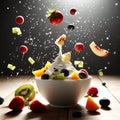 rain of fruits on a bowl of Greek yogurt Royalty Free Stock Photo