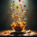 rain of fruits on a bowl of Greek yogurt Royalty Free Stock Photo