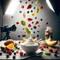 rain of fruits on a bowl of Greek yogurt