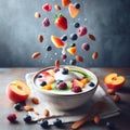 rain of fruits on a bowl of Greek yogurt Royalty Free Stock Photo