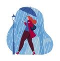 Rain girl coming, umbrella concept, autumn weather, rainy season, water nature, design, in cartoon style vector