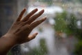 Rain on glass. Raindrops on window glass. Selective focus. Rainy city background