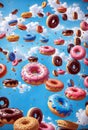 Rain of glazed donuts sprinkled. Generative AI.