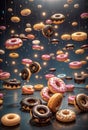 Rain of glazed donuts sprinkled. Generative AI.