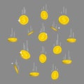 Rain of gold coins in flat style. Falling money from sky. Flying golden bitcoin on isolated background. Dropping dollar income. Royalty Free Stock Photo