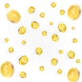 Rain of golden coins. Falling or flying money. Realistic gold coin on transparent background Royalty Free Stock Photo