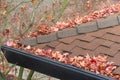 Rain gutters on roof clogged with leaves and debri, fire hazard