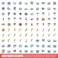 100 rain icons set, color line style Royalty Free Stock Photo