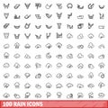 100 rain icons set, outline style Royalty Free Stock Photo