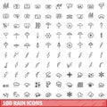 100 rain icons set, outline style Royalty Free Stock Photo