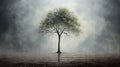 Pensive Surrealism: Lone Tree Painting In The Rain With White Rainclouds