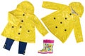 Rain jacket. Collage set of elegant yellow rain jacket in two views and a pair colorful rubber boots isolated on a white