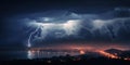 Rain, lightning, and thunderstorm at city near the sea during dusk a captivating and impressive spectacle of nature