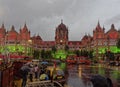 In Rain Mumbai Celebrating 73rd Independence Day of India  CSMT in Tricolor Lighting Royalty Free Stock Photo