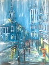 Rain in night city oil painting on canvas. drawn evening street.