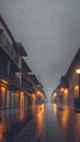 Rain in the night city. A small street with wet asphalt, sidewalk and bright shop windows. Generated AI. Royalty Free Stock Photo