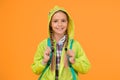 Rain is not hindrance. Waterproof cloak. Waterproof fabric for your comfort. Rainproof accessory. Schoolgirl hooded