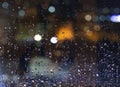 Rain outside. Drops on a window pane at night. Bad weather in the city. Lantern light defocused in beautiful bokeh
