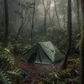 Rain over forest. The tent of tourists in the pouring rain