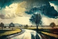 rain over a lovely sunny day landscape, created with Generative AI technology