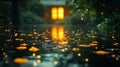 Rain, petals, water, garden, house, night, bokeh, reflection, tranquility, peace Royalty Free Stock Photo