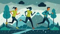 Rain pours down as a group of runners navigate slick muddy trails their determination pushing them forward despite the Royalty Free Stock Photo