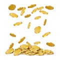 Rain from scattered round glossy gold coins on a white background. Increase your earnings. Vector