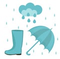 Rain set of flat or cartoon style. Autumn collection with umbrella, cloud, rubber boots. Isolated on white background