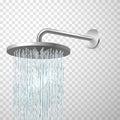 Rain shower head attached to wall. Running jets, streams, water flows, in bathroom. Showerhead. Royalty Free Stock Photo